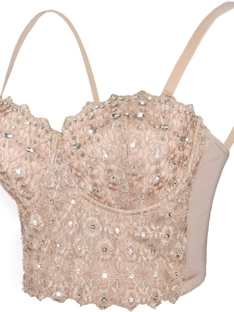 Women's Natural Reigning Lace Rhinestone Bustier Crop Top Sexy Mesh Corset Top B